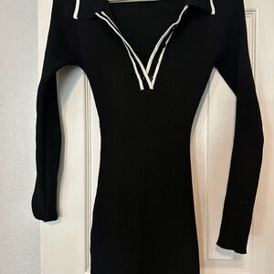 Black Bodycon Dress with V-Neck and Sailor Collar